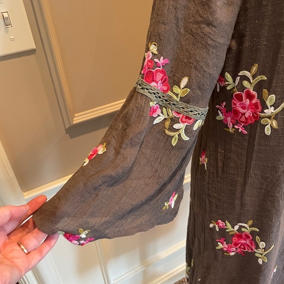 Figueroa & Flower dress Large gauze brown floral embroidered boho boat neck - Picture 2 of 7